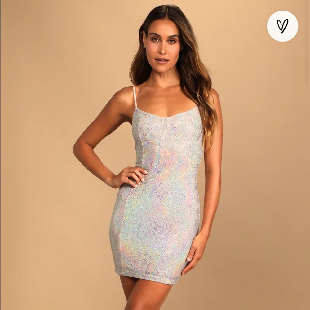 Lulus Les Deux Blush Pink Iridescent Holographic Sequin Bodycon Mini Dress